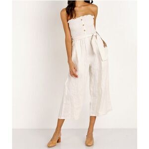 Faithfull the Brand linen cream smocked Lais Jumpsuit Plain Ecru sz 2